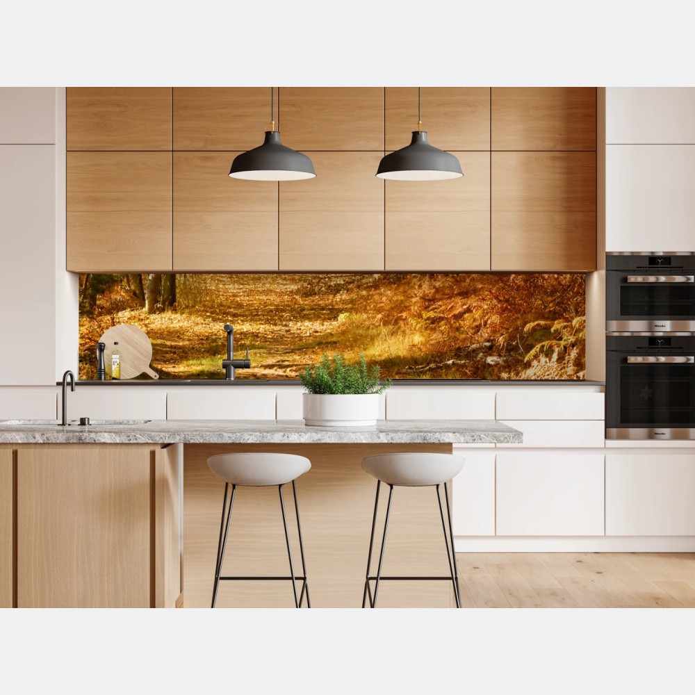 Naklejka repozycjonowalna jesienna leśna ścieżka ze złotym światłem – Wallissimo® Naklejka repozycjonowalna jesienna leśna ścieżka ze złotym światłem – Wallissimo®