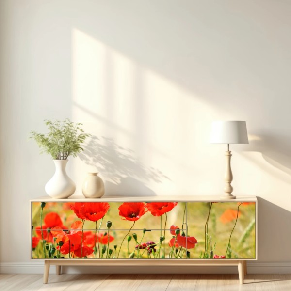 Naklejka repozycjonowalna łąka czerwonych maków w słońcu – Wallissimo® Naklejka repozycjonowalna łąka czerwonych maków w słońcu – Wallissimo®