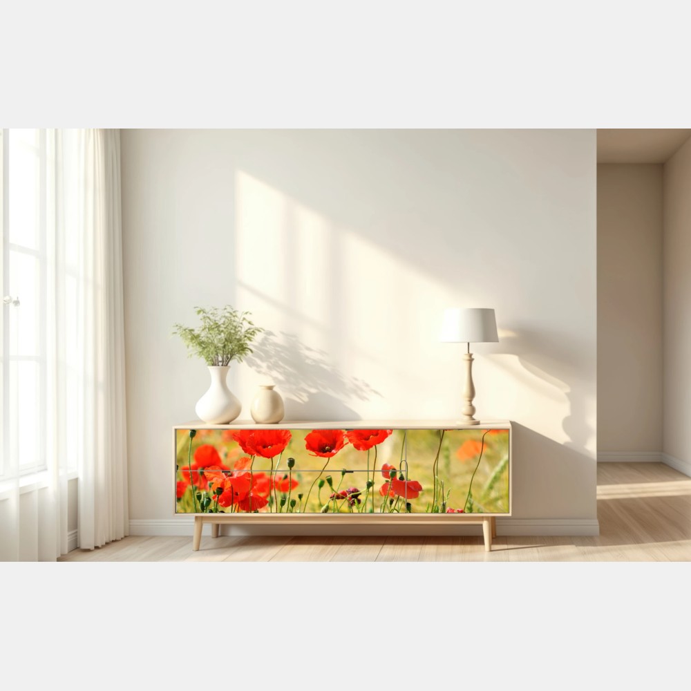 Naklejka repozycjonowalna łąka czerwonych maków w słońcu – Wallissimo® Naklejka repozycjonowalna łąka czerwonych maków w słońcu – Wallissimo®
