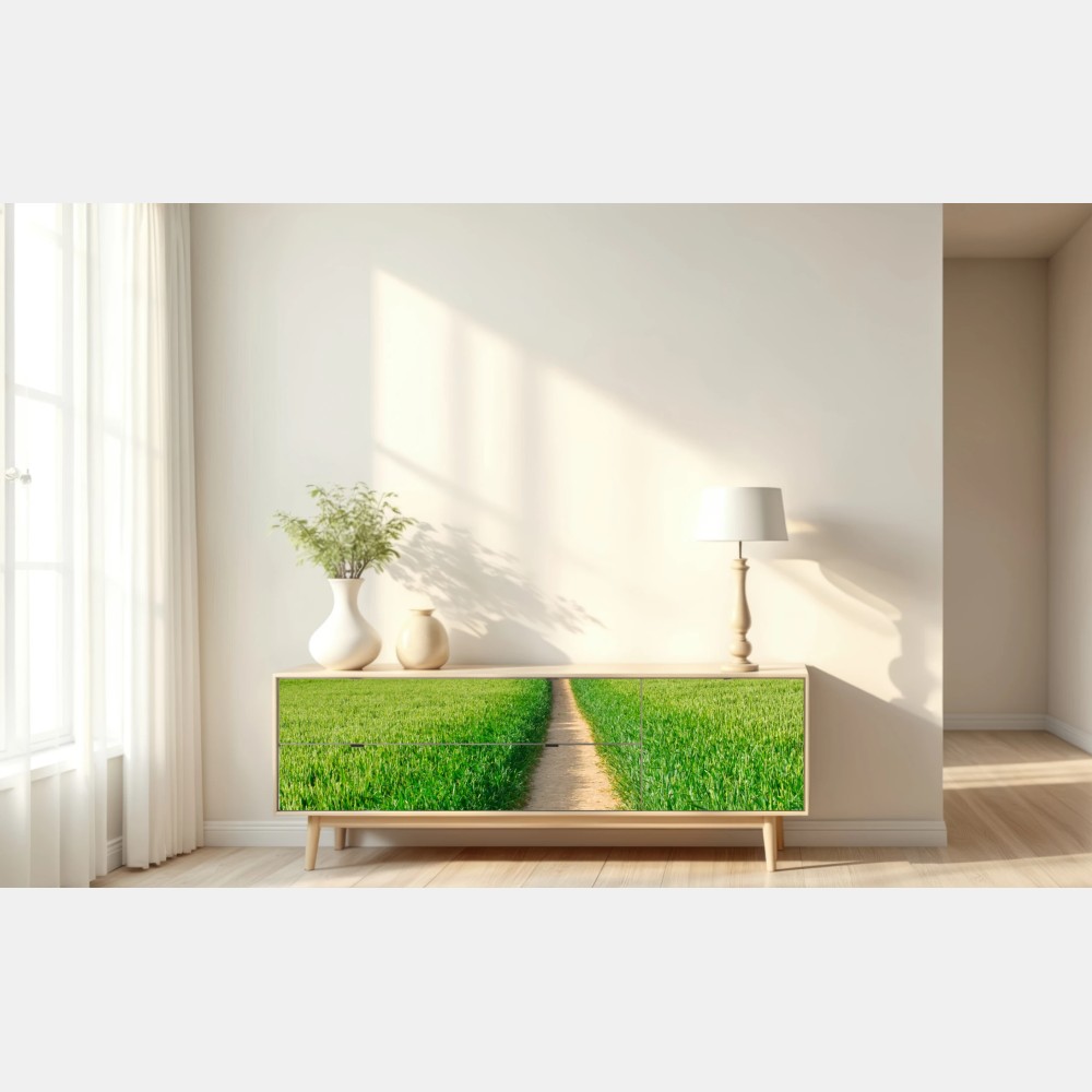 Naklejka repozycjonowalna słoneczna ścieżka przez zieloną łąkę – Wallissimo® Naklejka repozycjonowalna słoneczna ścieżka przez zieloną łąkę – Wallissimo®