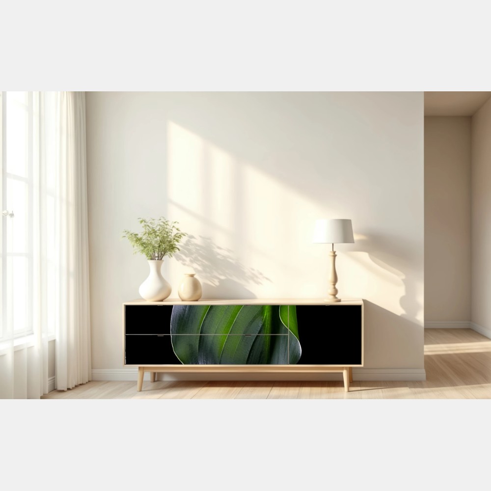 Naklejka repozycjonowalna elegancki zielony liść na czarnym tle – Wallissimo® Naklejka repozycjonowalna elegancki zielony liść na czarnym tle – Wallissimo®