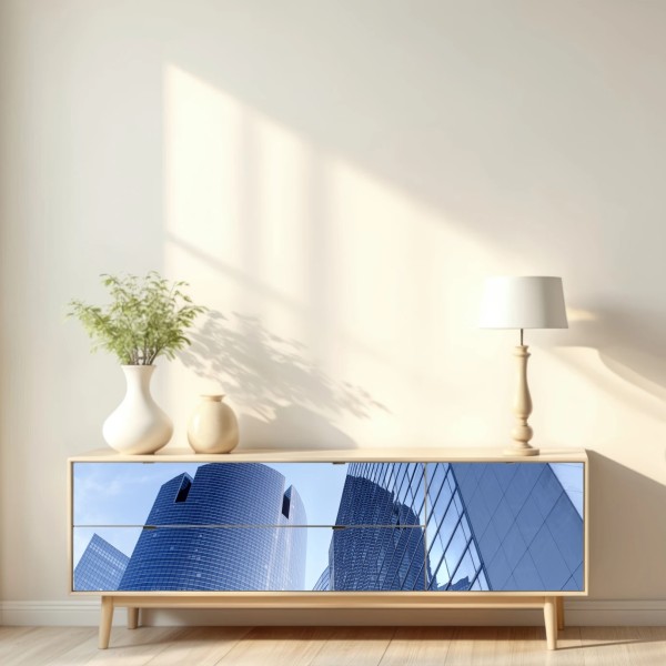 Naklejka repozycjonowalna nowoczesna niebieska panorama miejska – Wallissimo® Naklejka repozycjonowalna nowoczesna niebieska panorama miejska – Wallissimo®