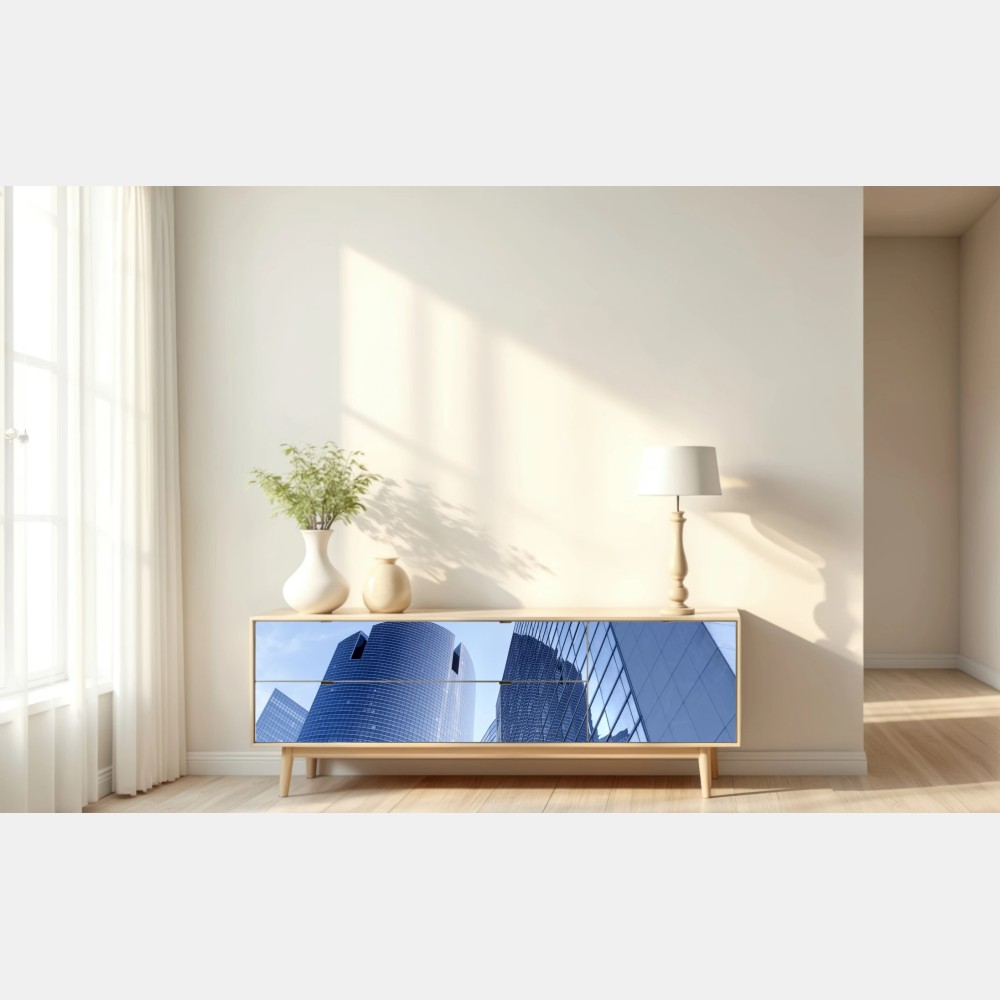 Naklejka repozycjonowalna nowoczesna niebieska panorama miejska – Wallissimo® Naklejka repozycjonowalna nowoczesna niebieska panorama miejska – Wallissimo®