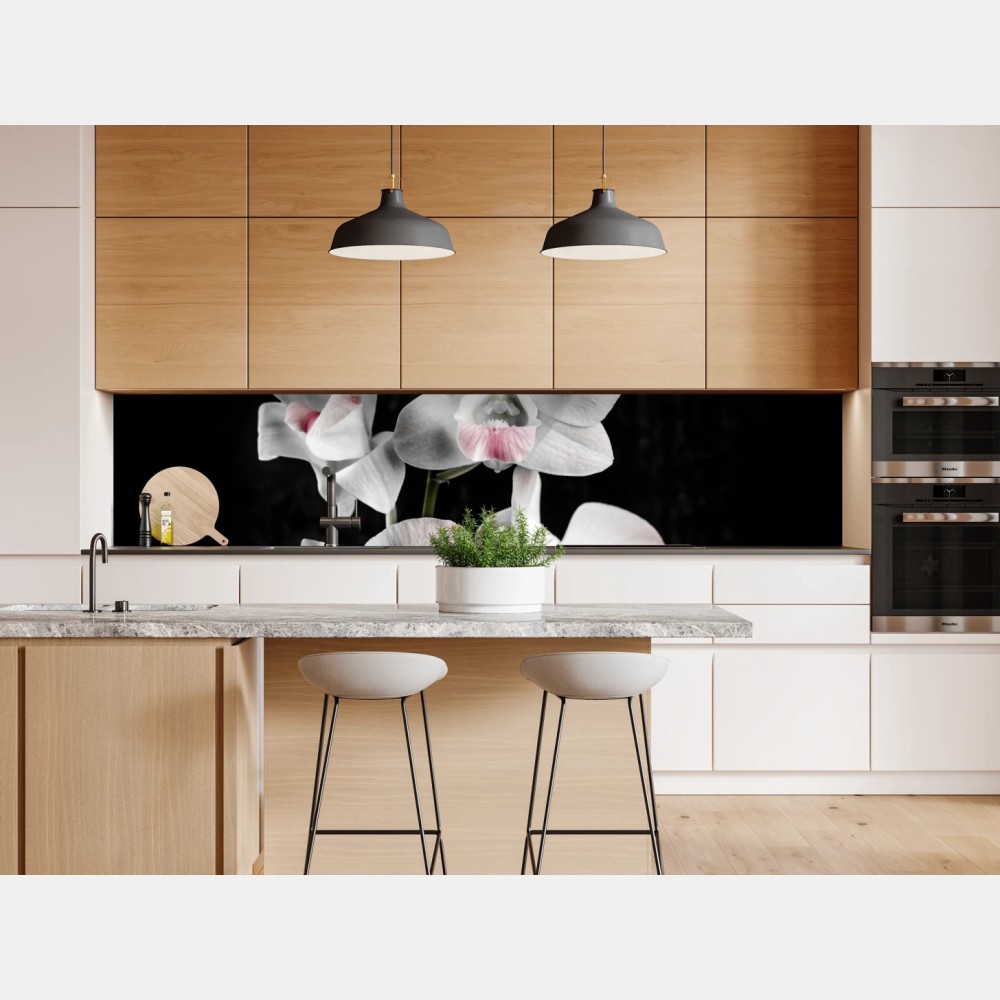 Naklejka repozycjonowalna biały i różowy storczyk na czarnym tle – Wallissimo® Naklejka repozycjonowalna biały i różowy storczyk na czarnym tle – Wallissimo®