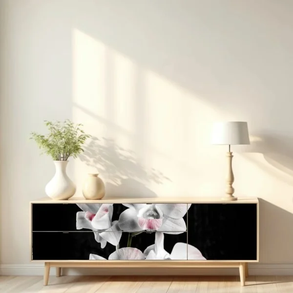 Naklejka repozycjonowalna biały i różowy storczyk na czarnym tle – Wallissimo® Naklejka repozycjonowalna biały i różowy storczyk na czarnym tle – Wallissimo®