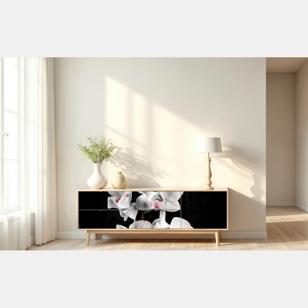 Naklejka repozycjonowalna biały i różowy storczyk na czarnym tle – Wallissimo® Naklejka repozycjonowalna biały i różowy storczyk na czarnym tle – Wallissimo®