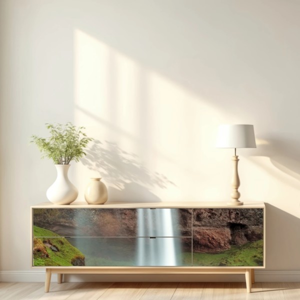 Naklejka repozycjonowalna mglisty wodospad w bujnej dolinie – Wallissimo® Naklejka repozycjonowalna mglisty wodospad w bujnej dolinie – Wallissimo®