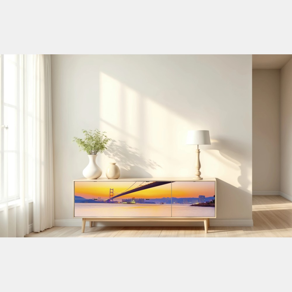 Naklejka repozycjonowalna złoty zachód słońca nad mostem wiszącym – Wallissimo® Naklejka repozycjonowalna złoty zachód słońca nad mostem wiszącym – Wallissimo®