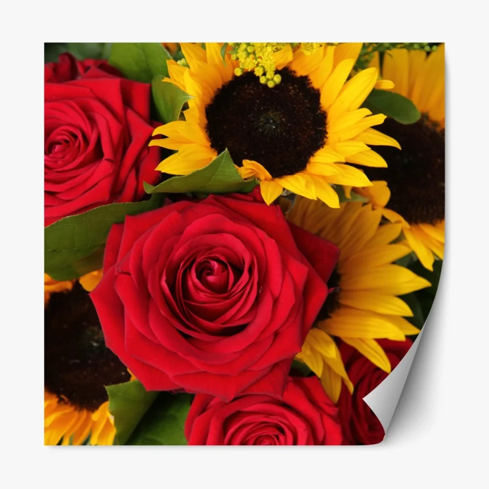 Naklejka repozycjonowalna czerwone róże i słoneczniki w bukiecie – Wallissimo® Naklejka repozycjonowalna czerwone róże i słoneczniki w bukiecie – Wallissimo®