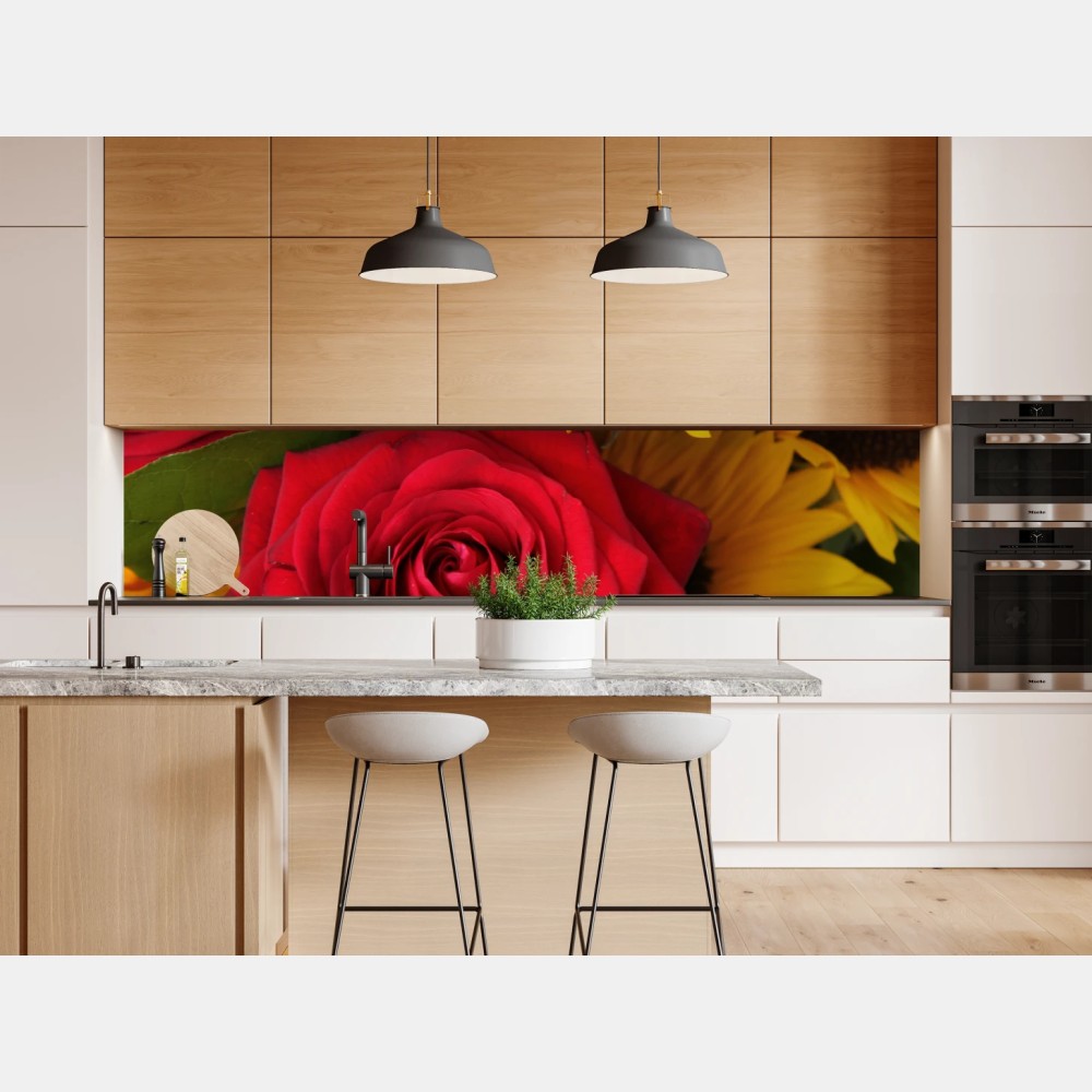 Naklejka repozycjonowalna czerwone róże i słoneczniki w bukiecie – Wallissimo® Naklejka repozycjonowalna czerwone róże i słoneczniki w bukiecie – Wallissimo®
