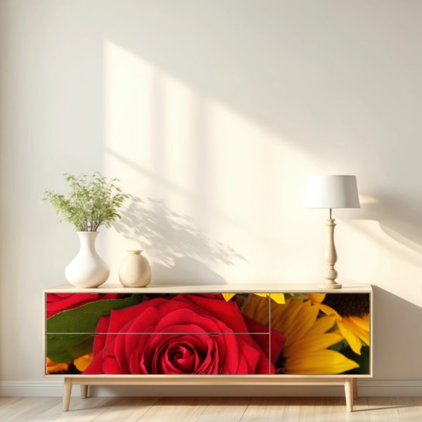 Naklejka repozycjonowalna czerwone róże i słoneczniki w bukiecie – Wallissimo® Naklejka repozycjonowalna czerwone róże i słoneczniki w bukiecie – Wallissimo®