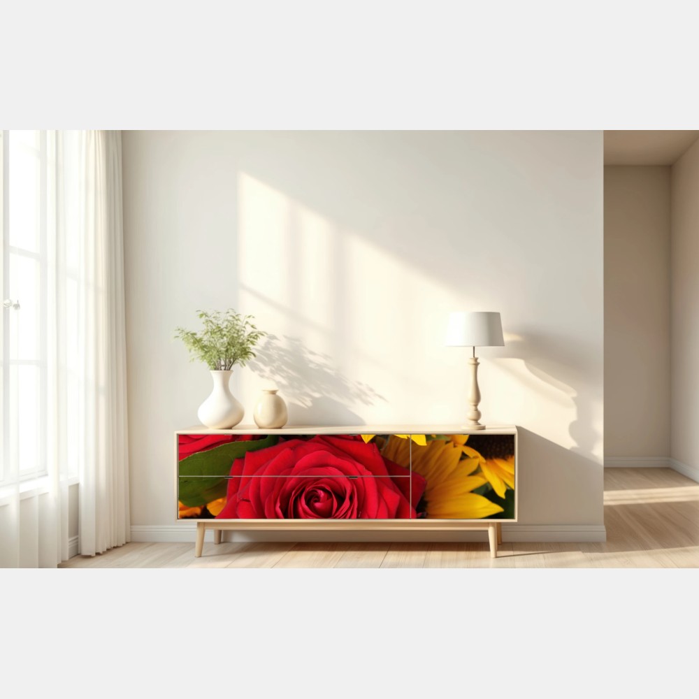 Naklejka repozycjonowalna czerwone róże i słoneczniki w bukiecie – Wallissimo® Naklejka repozycjonowalna czerwone róże i słoneczniki w bukiecie – Wallissimo®