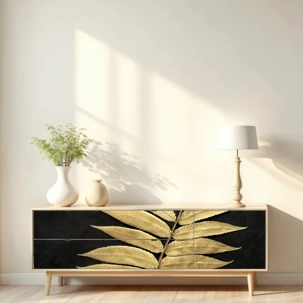 Naklejka repozycjonowalna złota paproć na ciemnym tle – Wallissimo® Naklejka repozycjonowalna złota paproć na ciemnym tle – Wallissimo®