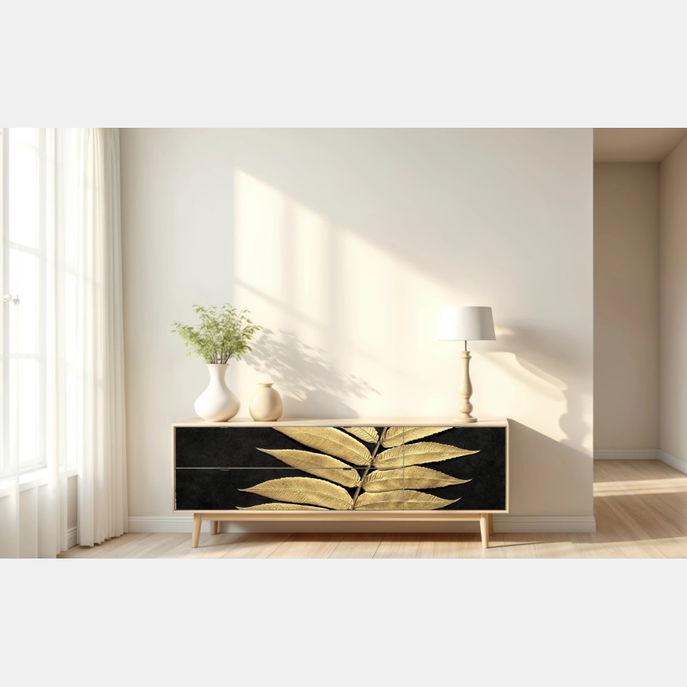 Naklejka repozycjonowalna złota paproć na ciemnym tle – Wallissimo® Naklejka repozycjonowalna złota paproć na ciemnym tle – Wallissimo®