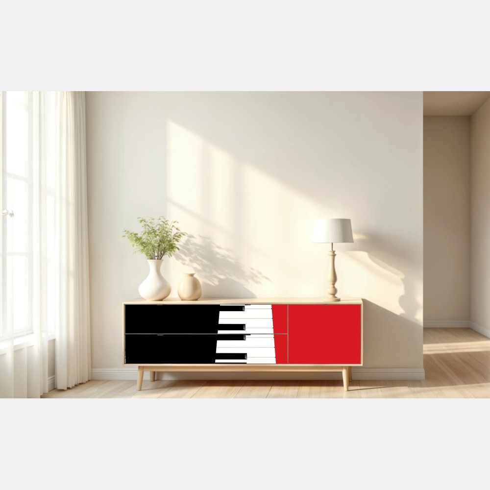 Naklejka repozycjonowalna czarno-czerwona klawiatura fortepianu – Wallissimo® Naklejka repozycjonowalna czarno-czerwona klawiatura fortepianu – Wallissimo®