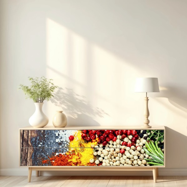 Naklejka repozycjonowalna intensywny zestaw przypraw na rustykalnym drewnie – Wallissimo® Naklejka repozycjonowalna intensywny zestaw przypraw na rustykalnym drewnie – Wallissimo®