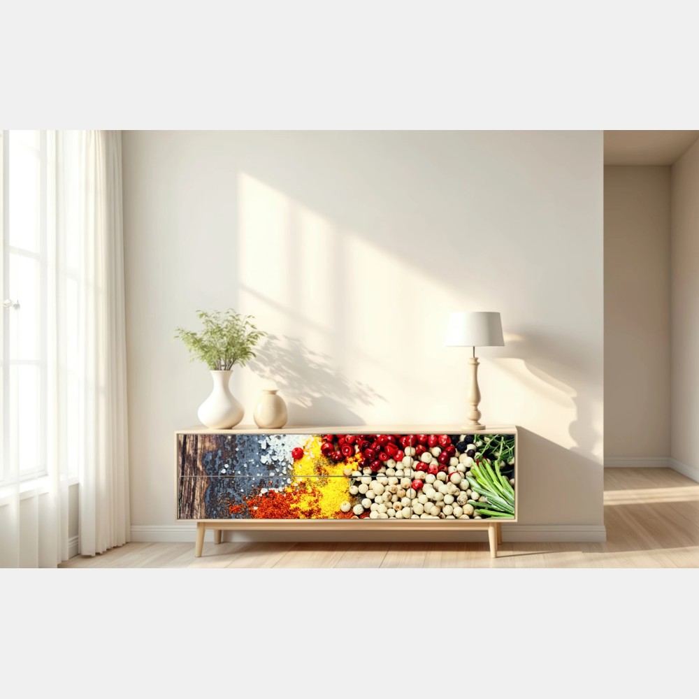 Naklejka repozycjonowalna intensywny zestaw przypraw na rustykalnym drewnie – Wallissimo® Naklejka repozycjonowalna intensywny zestaw przypraw na rustykalnym drewnie – Wallissimo®