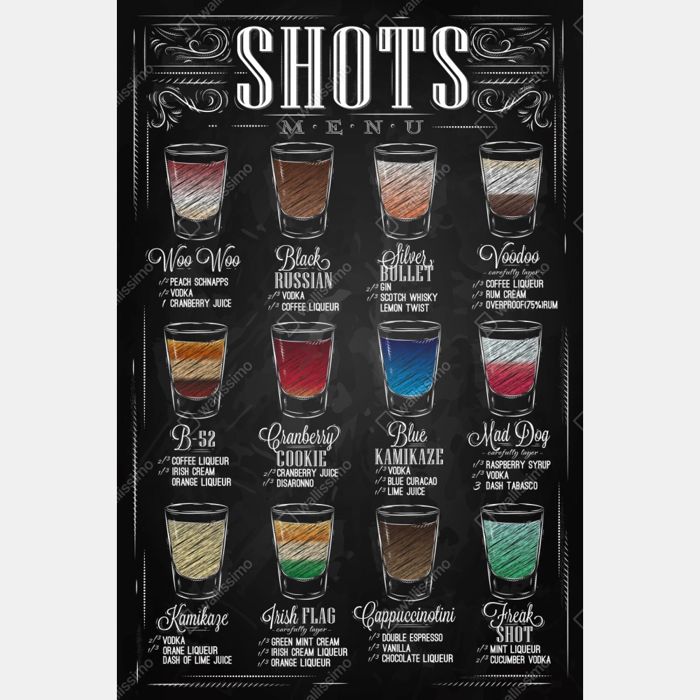 Naklejka repozycjonowalna kredowe menu shotów w stylu vintage – Wallissimo® Naklejka repozycjonowalna kredowe menu shotów w stylu vintage – Wallissimo®
