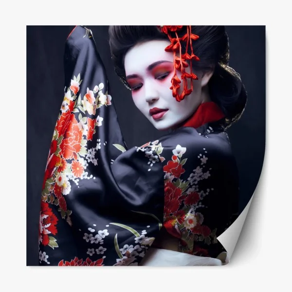 Naklejka repozycjonowalna elegancki portret gejszy w czerwonym i czarnym kimonie