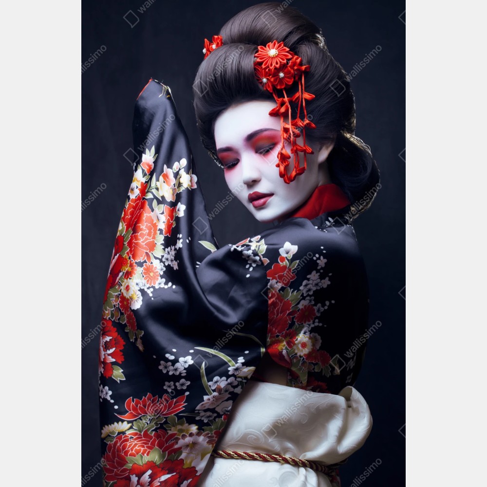 Naklejka repozycjonowalna elegancki portret gejszy w czerwonym i czarnym kimonie – Wallissimo® Naklejka repozycjonowalna elegancki portret gejszy w czerwonym i czarnym kimonie – Wallissimo®