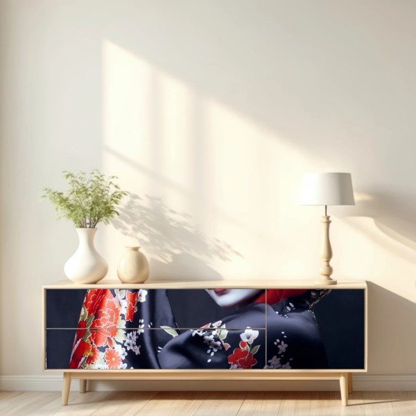 Naklejka repozycjonowalna elegancki portret gejszy w czerwonym i czarnym kimonie – Wallissimo® Naklejka repozycjonowalna elegancki portret gejszy w czerwonym i czarnym kimonie – Wallissimo®