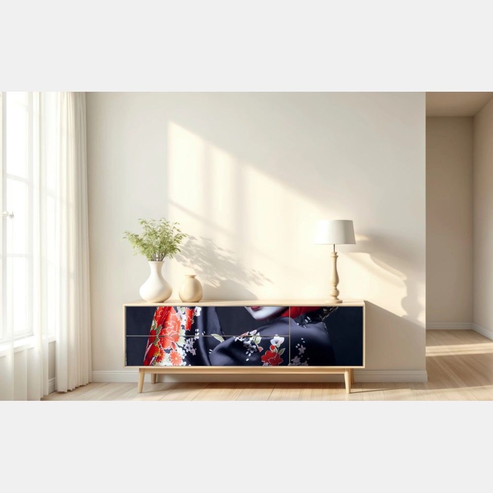 Naklejka repozycjonowalna elegancki portret gejszy w czerwonym i czarnym kimonie – Wallissimo® Naklejka repozycjonowalna elegancki portret gejszy w czerwonym i czarnym kimonie – Wallissimo®