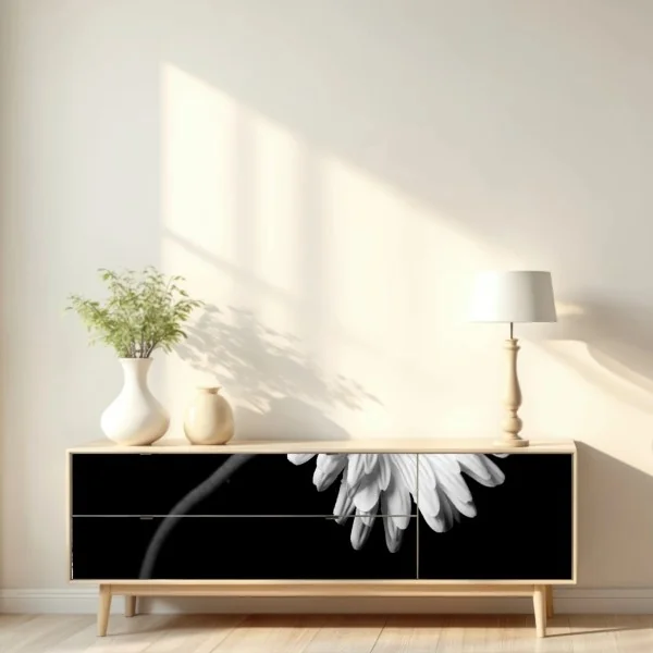 Naklejka repozycjonowalna biała gerbera na czarnym tle – Wallissimo® Naklejka repozycjonowalna biała gerbera na czarnym tle – Wallissimo®