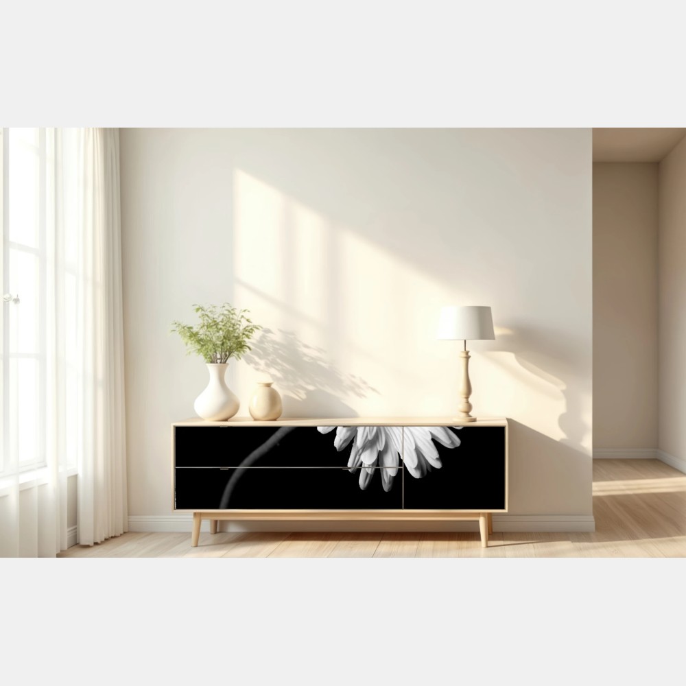 Naklejka repozycjonowalna biała gerbera na czarnym tle – Wallissimo® Naklejka repozycjonowalna biała gerbera na czarnym tle – Wallissimo®