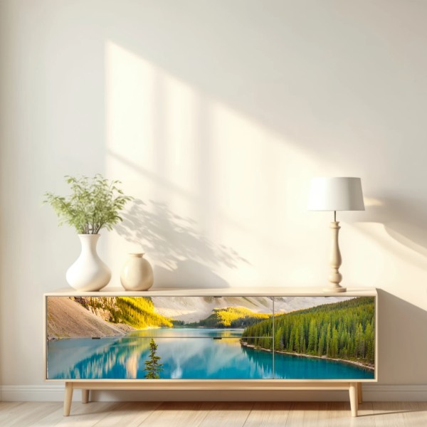 Naklejka repozycjonowalna słoneczne jezioro Moraine i górski widok – Wallissimo® Naklejka repozycjonowalna słoneczne jezioro Moraine i górski widok – Wallissimo®