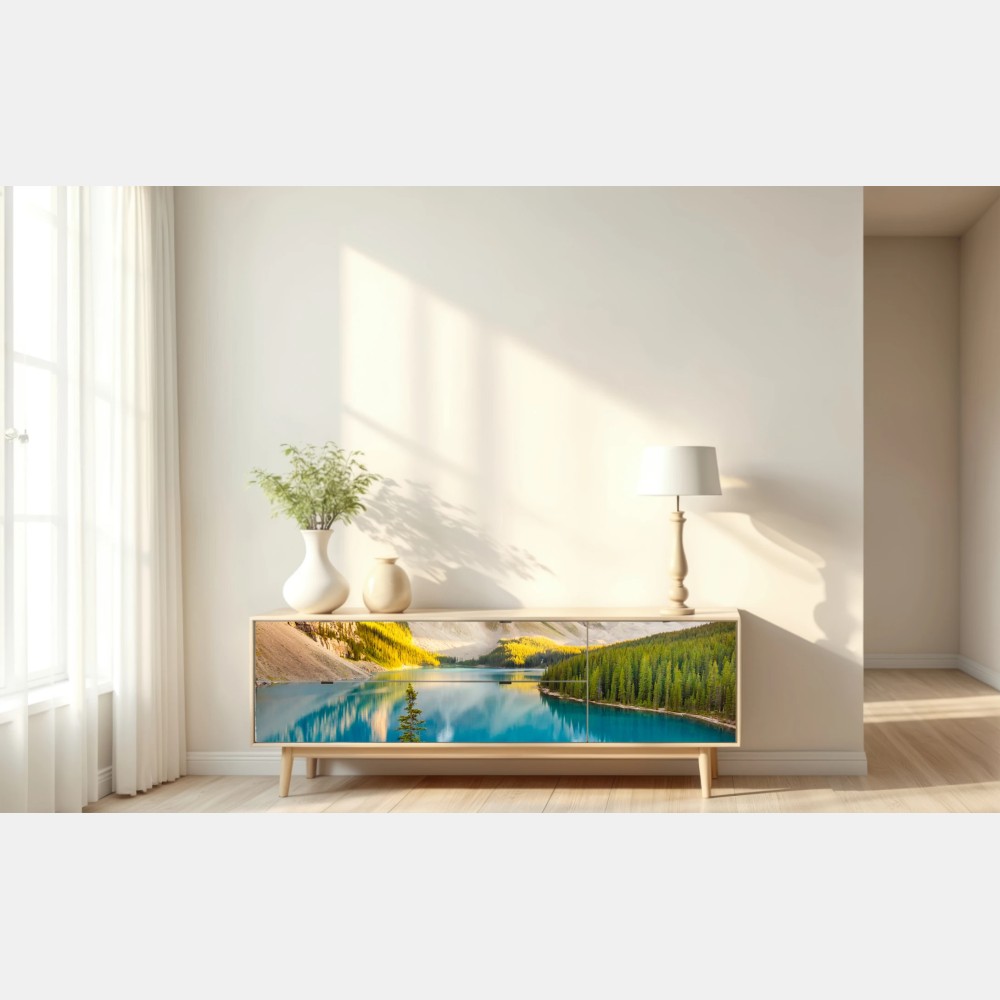 Naklejka repozycjonowalna słoneczne jezioro Moraine i górski widok – Wallissimo® Naklejka repozycjonowalna słoneczne jezioro Moraine i górski widok – Wallissimo®