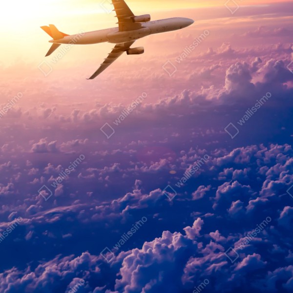 Naklejka repozycjonowalna samolot nad chmurami o wschodzie słońca – Wallissimo® Naklejka repozycjonowalna samolot nad chmurami o wschodzie słońca – Wallissimo®