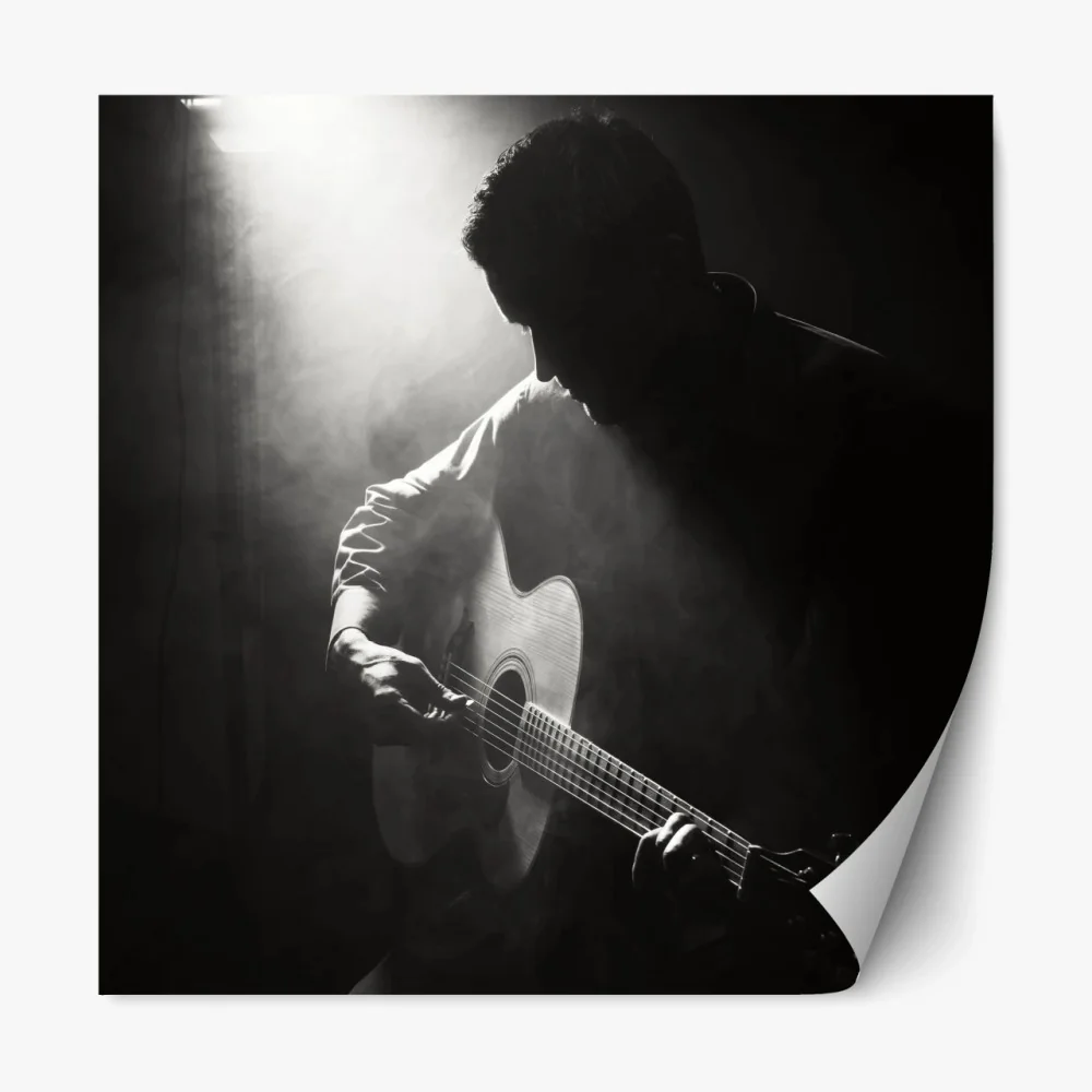 Naklejka repozycjonowalna sylwetka gitarzysty w świetle reflektora – Wallissimo® Naklejka repozycjonowalna sylwetka gitarzysty w świetle reflektora – Wallissimo®