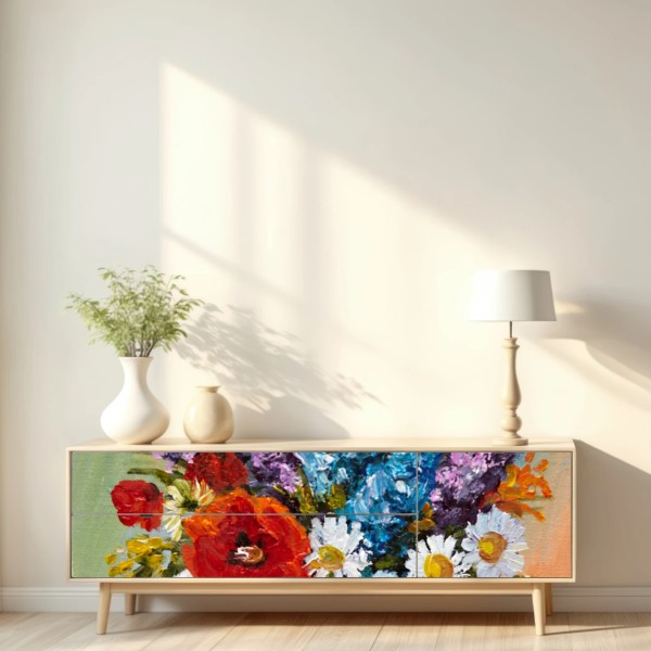 Naklejka repozycjonowalna wielobarwny bukiet w wazonie – Wallissimo® Naklejka repozycjonowalna wielobarwny bukiet w wazonie – Wallissimo®