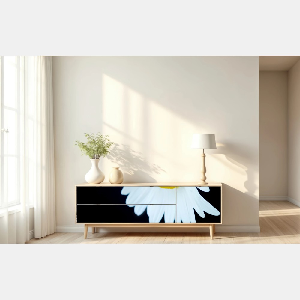 Naklejka repozycjonowalna białe zbliżenie stokrotki na czarnym tle – Wallissimo® Naklejka repozycjonowalna białe zbliżenie stokrotki na czarnym tle – Wallissimo®