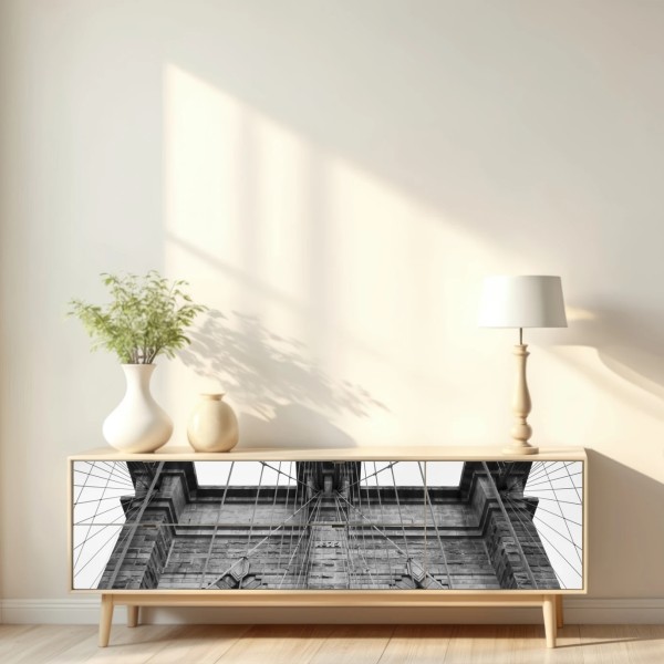 Naklejka repozycjonowalna perspektywa Mostu Brooklyńskiego w monochromie – Wallissimo® Naklejka repozycjonowalna perspektywa Mostu Brooklyńskiego w monochromie – Wallissimo®