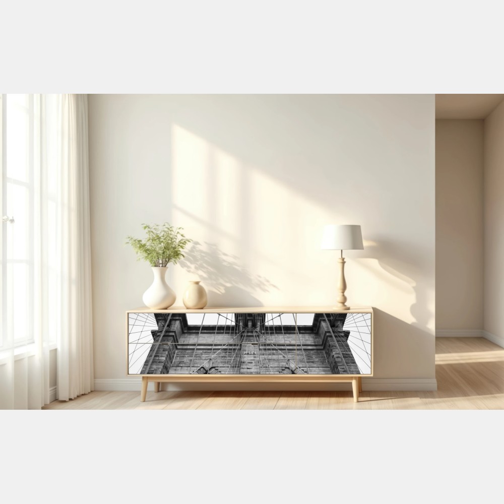 Naklejka repozycjonowalna perspektywa Mostu Brooklyńskiego w monochromie – Wallissimo® Naklejka repozycjonowalna perspektywa Mostu Brooklyńskiego w monochromie – Wallissimo®