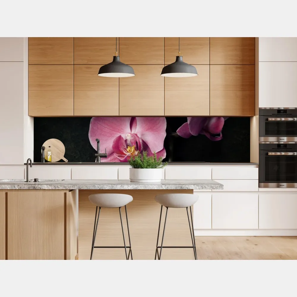 Naklejka repozycjonowalna różowy storczyk na ciemnym tle w stylu vintage – Wallissimo® Naklejka repozycjonowalna różowy storczyk na ciemnym tle w stylu vintage – Wallissimo®