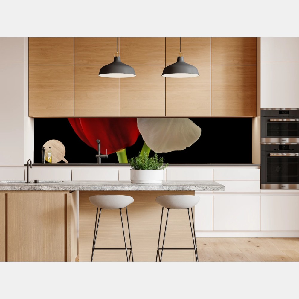 Naklejka repozycjonowalna czerwono-białe tulipany na czarnym tle – Wallissimo® Naklejka repozycjonowalna czerwono-białe tulipany na czarnym tle – Wallissimo®