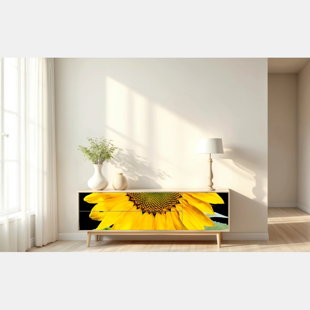 Naklejka repozycjonowalna jaskrawy słonecznik na czarnym tle – Wallissimo® Naklejka repozycjonowalna jaskrawy słonecznik na czarnym tle – Wallissimo®