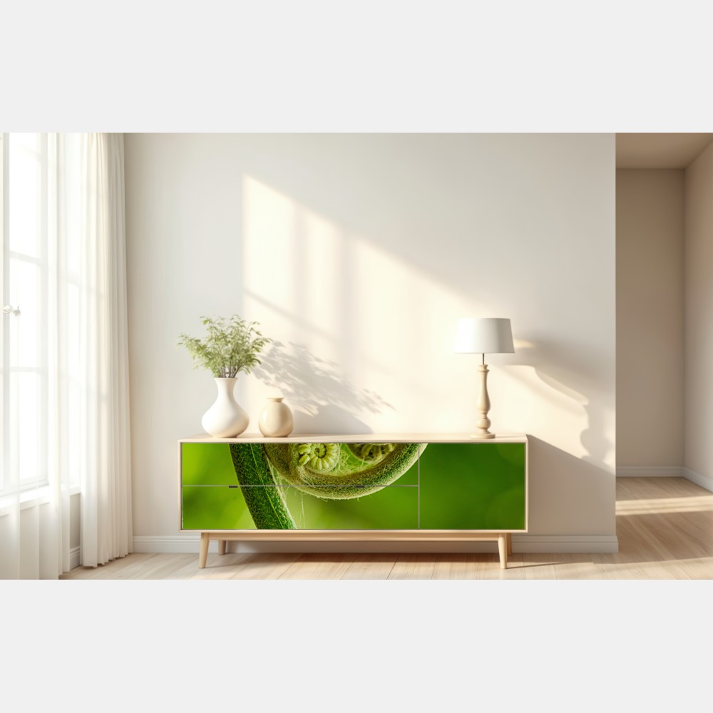 Naklejka repozycjonowalna zielony pąk paproci makro – Wallissimo® Naklejka repozycjonowalna zielony pąk paproci makro – Wallissimo®