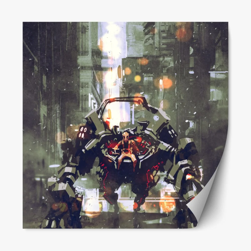 Naklejka repozycjonowalna futurystyczny mech w neonowym mieście – Wallissimo® Naklejka repozycjonowalna futurystyczny mech w neonowym mieście – Wallissimo®