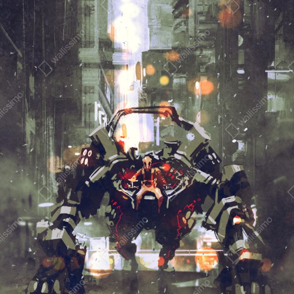 Naklejka repozycjonowalna futurystyczny mech w neonowym mieście – Wallissimo® Naklejka repozycjonowalna futurystyczny mech w neonowym mieście – Wallissimo®
