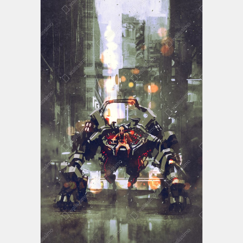 Naklejka repozycjonowalna futurystyczny mech w neonowym mieście – Wallissimo® Naklejka repozycjonowalna futurystyczny mech w neonowym mieście – Wallissimo®
