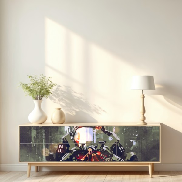 Naklejka repozycjonowalna futurystyczny mech w neonowym mieście – Wallissimo® Naklejka repozycjonowalna futurystyczny mech w neonowym mieście – Wallissimo®