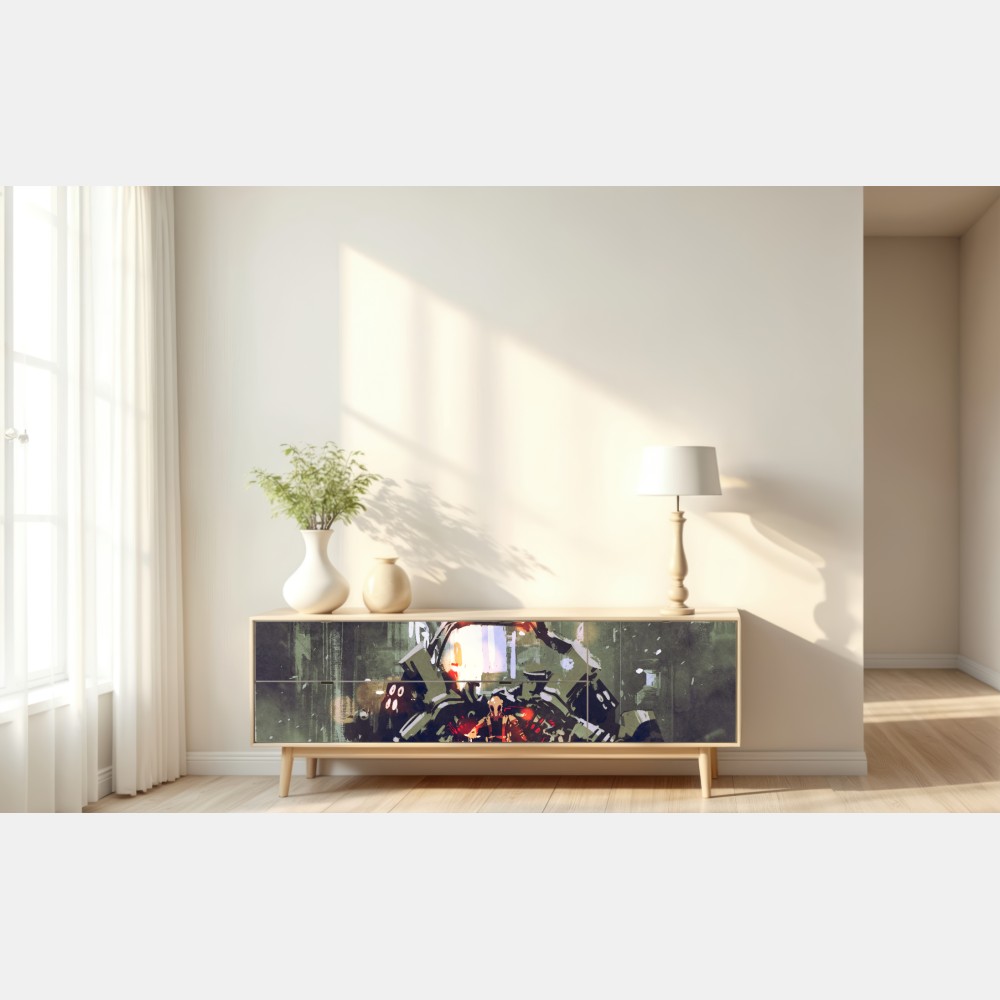 Naklejka repozycjonowalna futurystyczny mech w neonowym mieście – Wallissimo® Naklejka repozycjonowalna futurystyczny mech w neonowym mieście – Wallissimo®