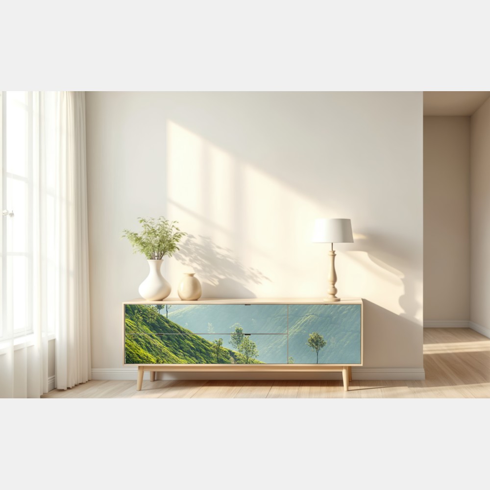 Naklejka repozycjonowalna mglisty krajobraz plantacji herbaty w Munnar – Wallissimo® Naklejka repozycjonowalna mglisty krajobraz plantacji herbaty w Munnar – Wallissimo®