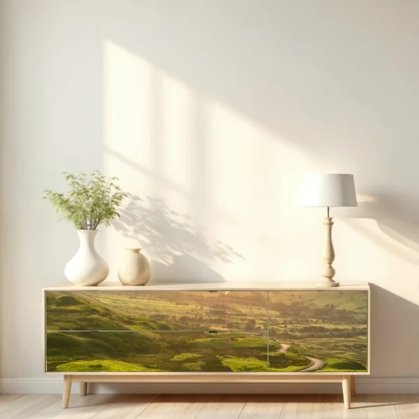 Naklejka repozycjonowalna złoty zachód słońca nad krętą wiejską drogą – Wallissimo® Naklejka repozycjonowalna złoty zachód słońca nad krętą wiejską drogą – Wallissimo®