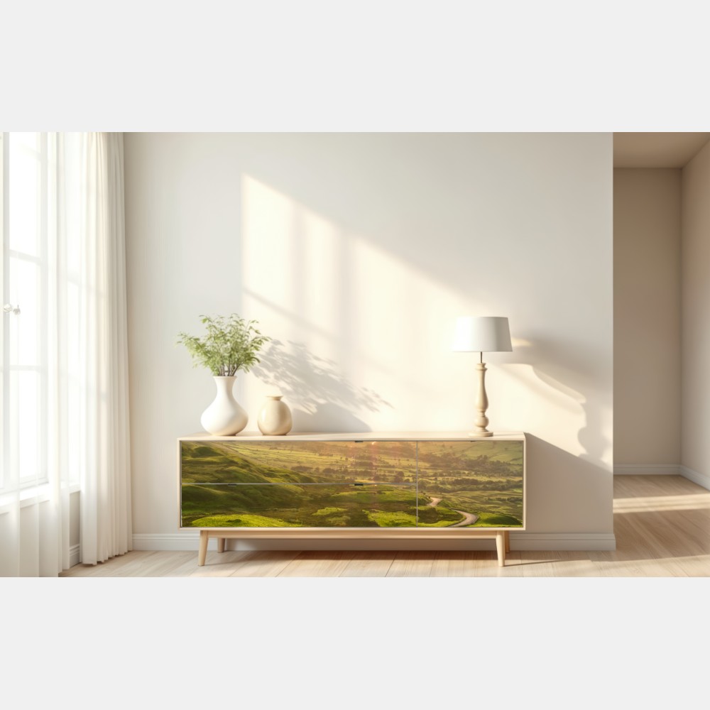 Naklejka repozycjonowalna złoty zachód słońca nad krętą wiejską drogą – Wallissimo® Naklejka repozycjonowalna złoty zachód słońca nad krętą wiejską drogą – Wallissimo®