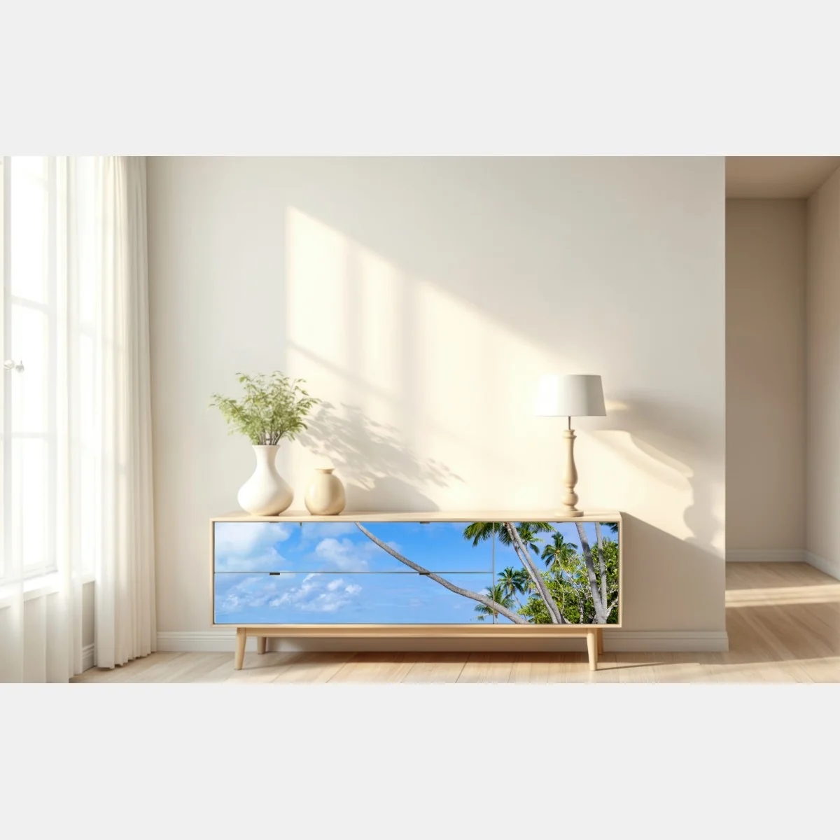 Naklejka repozycjonowalna tropikalna plaża z palmami – Wallissimo® Naklejka repozycjonowalna tropikalna plaża z palmami – Wallissimo®