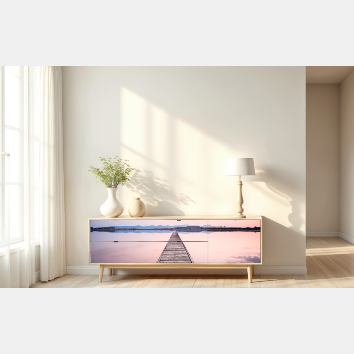 Naklejka repozycjonowalna pomost prowadzący w stronę horyzontu o zachodzie słońca – Wallissimo® Naklejka repozycjonowalna pomost prowadzący w stronę horyzontu o zachodzie słońca – Wallissimo®